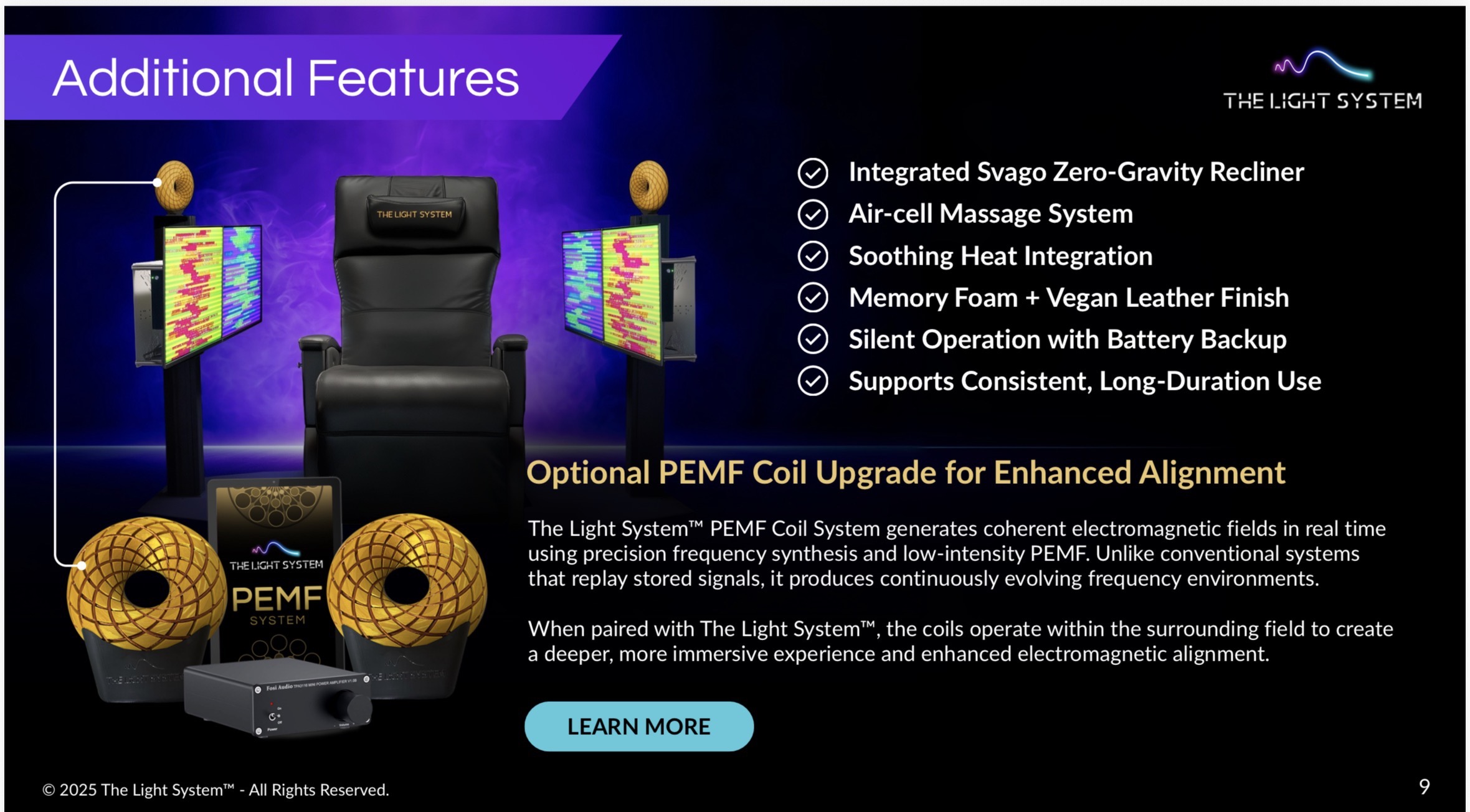 The Light System Chair additional features and optional PEMF coil upgrade